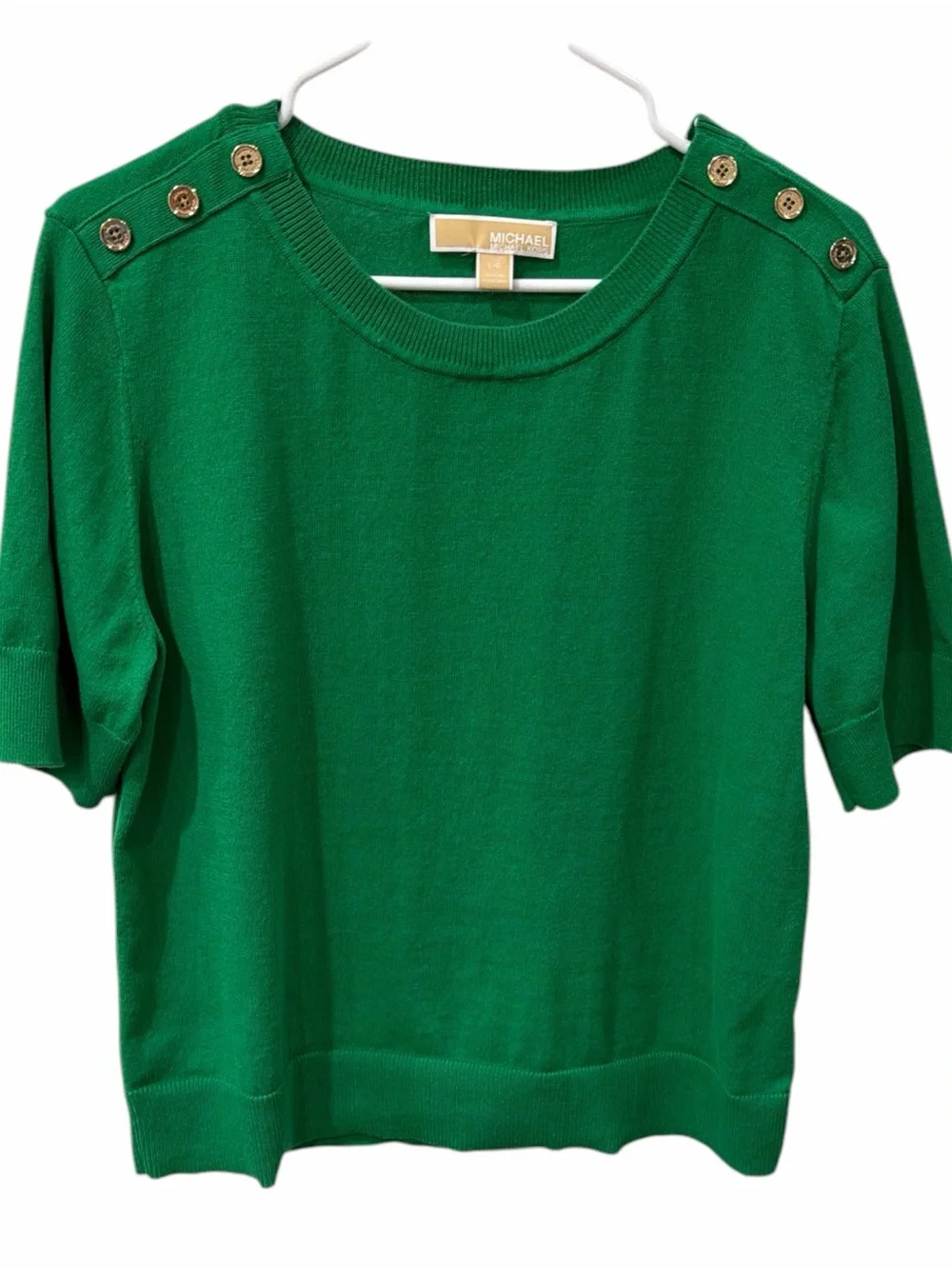 Michael Kors Emerald Green Short Sleeve Sweater Gold Button Shoulder Large